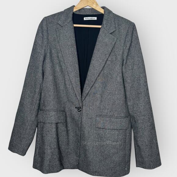 Reformation Camley Wool Blend Blazer Coat M Gray Herringbone Academia Chic - Picture 1 of 11